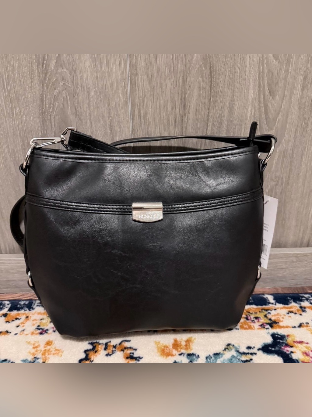 Rosetti Black Faux-Leather Crossbody Bag With Silver Hardware